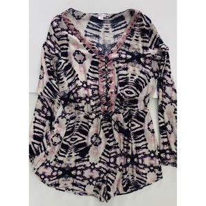 Tie dye romper with embroidery and gold buttons